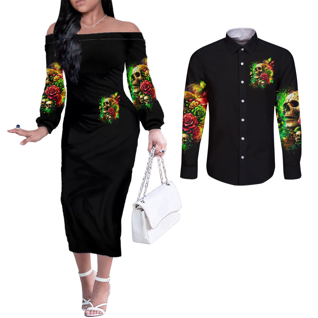Rose Skull Couples Matching Off The Shoulder Long Sleeve Dress and Long Sleeve Button Shirt Stuck Between IDK IDC
