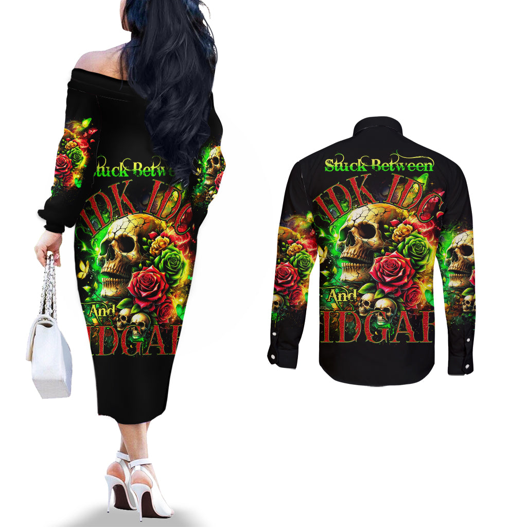 Rose Skull Couples Matching Off The Shoulder Long Sleeve Dress and Long Sleeve Button Shirt Stuck Between IDK IDC