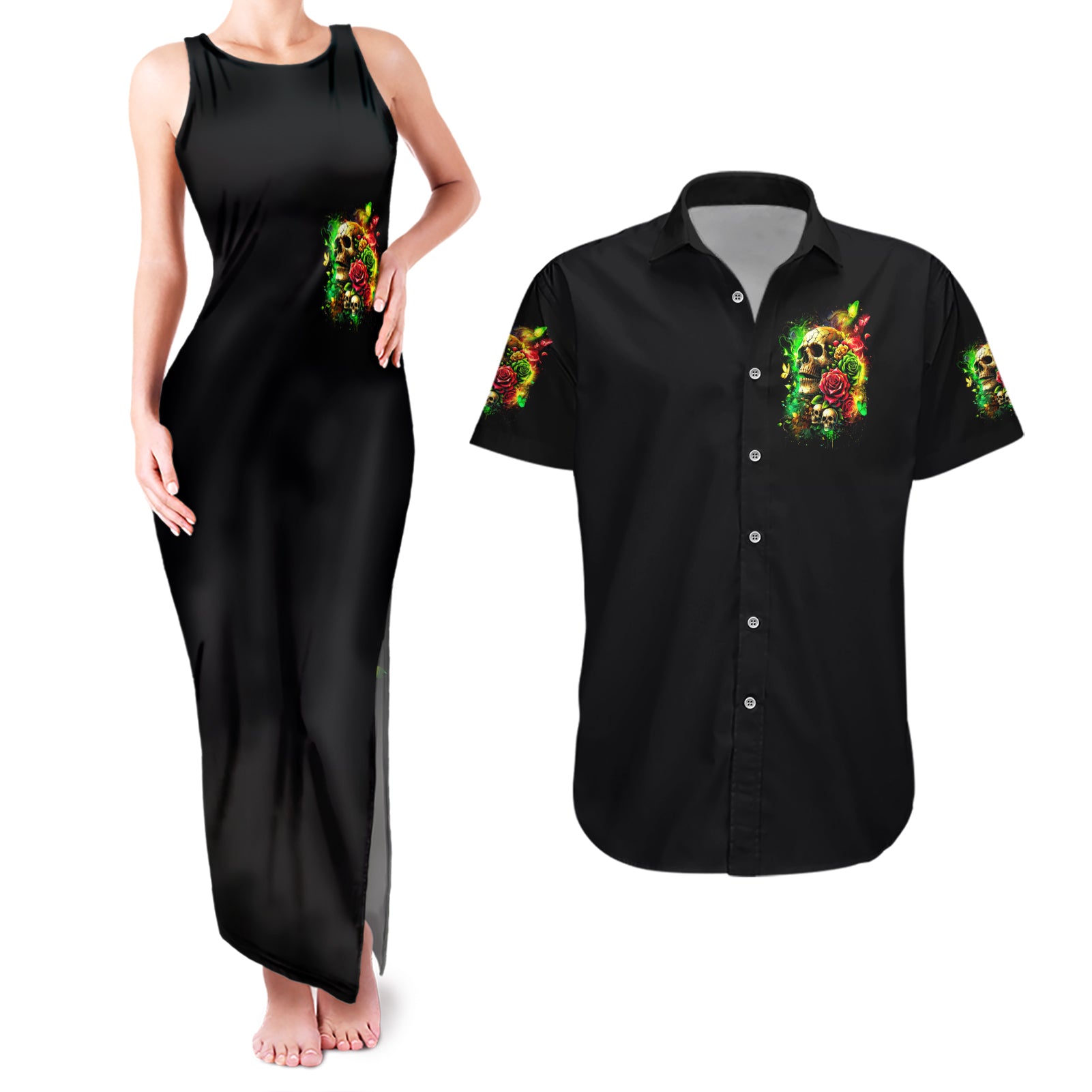 Rose Skull Couples Matching Tank Maxi Dress and Hawaiian Shirt Stuck Between IDK IDC