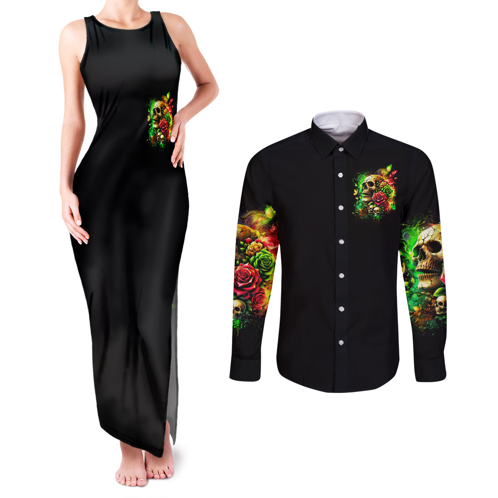 Rose Skull Couples Matching Tank Maxi Dress and Long Sleeve Button Shirt Stuck Between IDK IDC
