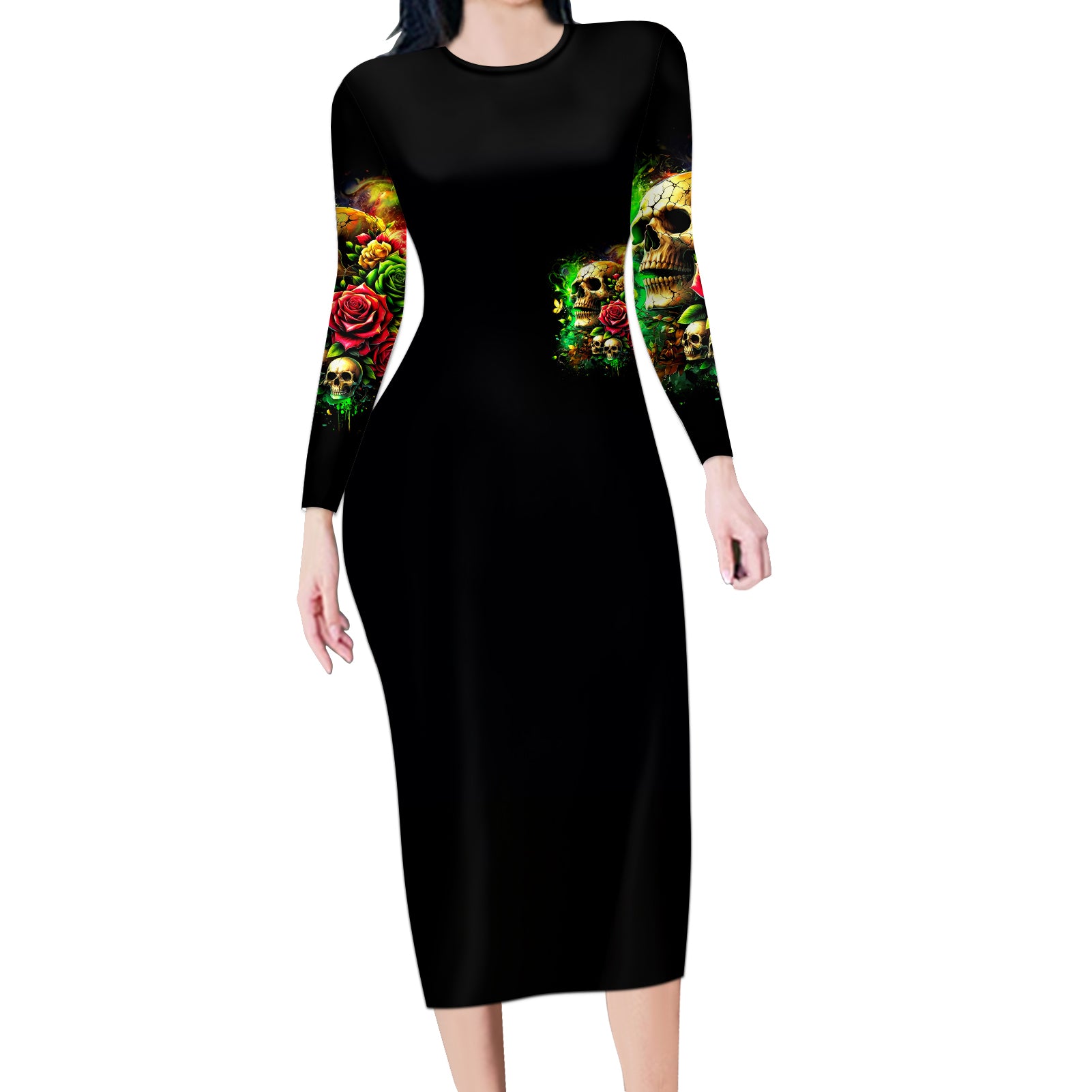 Rose Skull Long Sleeve Bodycon Dress Stuck Between IDK IDC