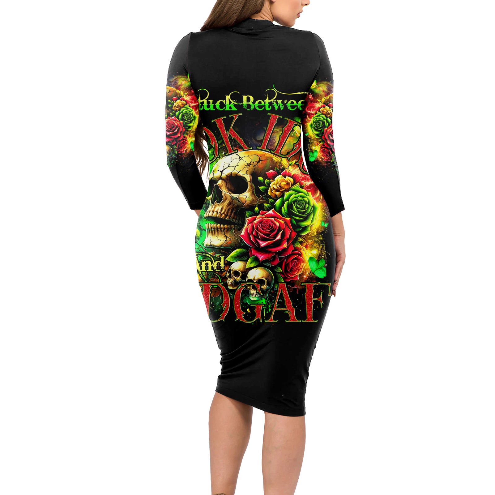 Rose Skull Long Sleeve Bodycon Dress Stuck Between IDK IDC