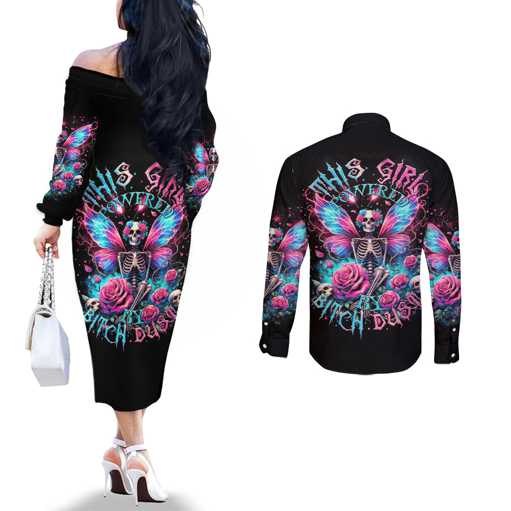Fairy Skull Couples Matching Off The Shoulder Long Sleeve Dress and Long Sleeve Button Shirt This Girl Powered By Bitch Dust