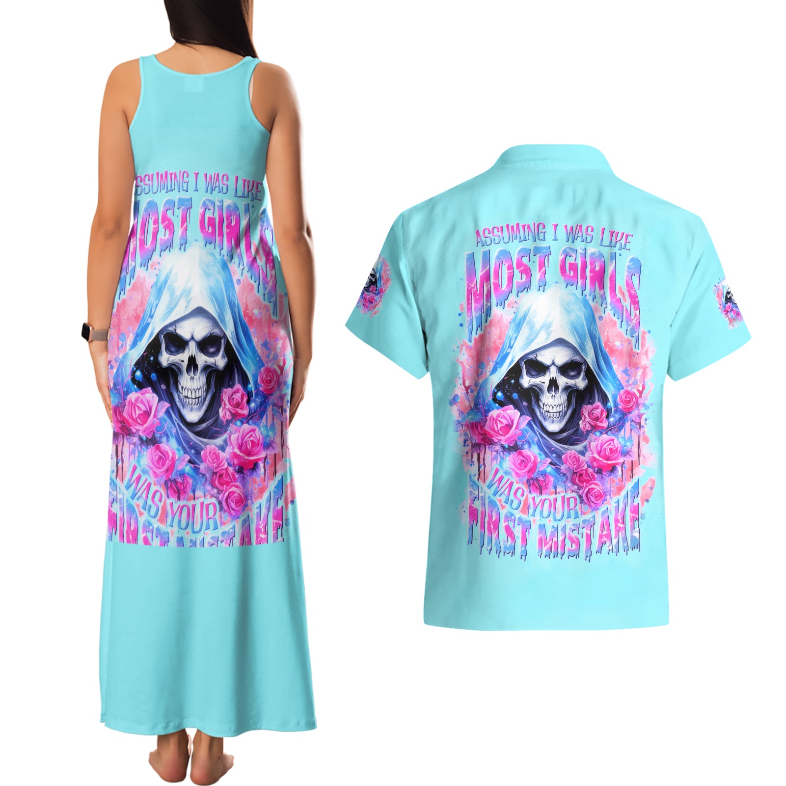 Witch Skull Couples Matching Tank Maxi Dress and Hawaiian Shirt Assuming Was Like Most Girls Was Your First Mistake