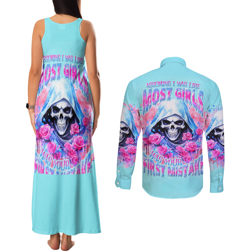 Witch Skull Couples Matching Tank Maxi Dress and Long Sleeve Button Shirt Assuming Was Like Most Girls Was Your First Mistake