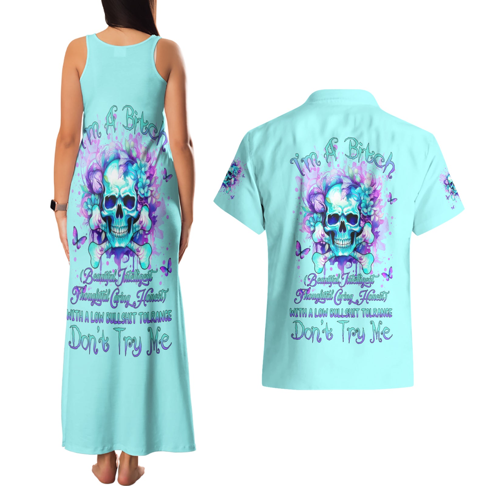 Flower Skull Couples Matching Tank Maxi Dress and Hawaiian Shirt I'm A Bitch With A Low Bullshiit Tolrange Don't Try Me