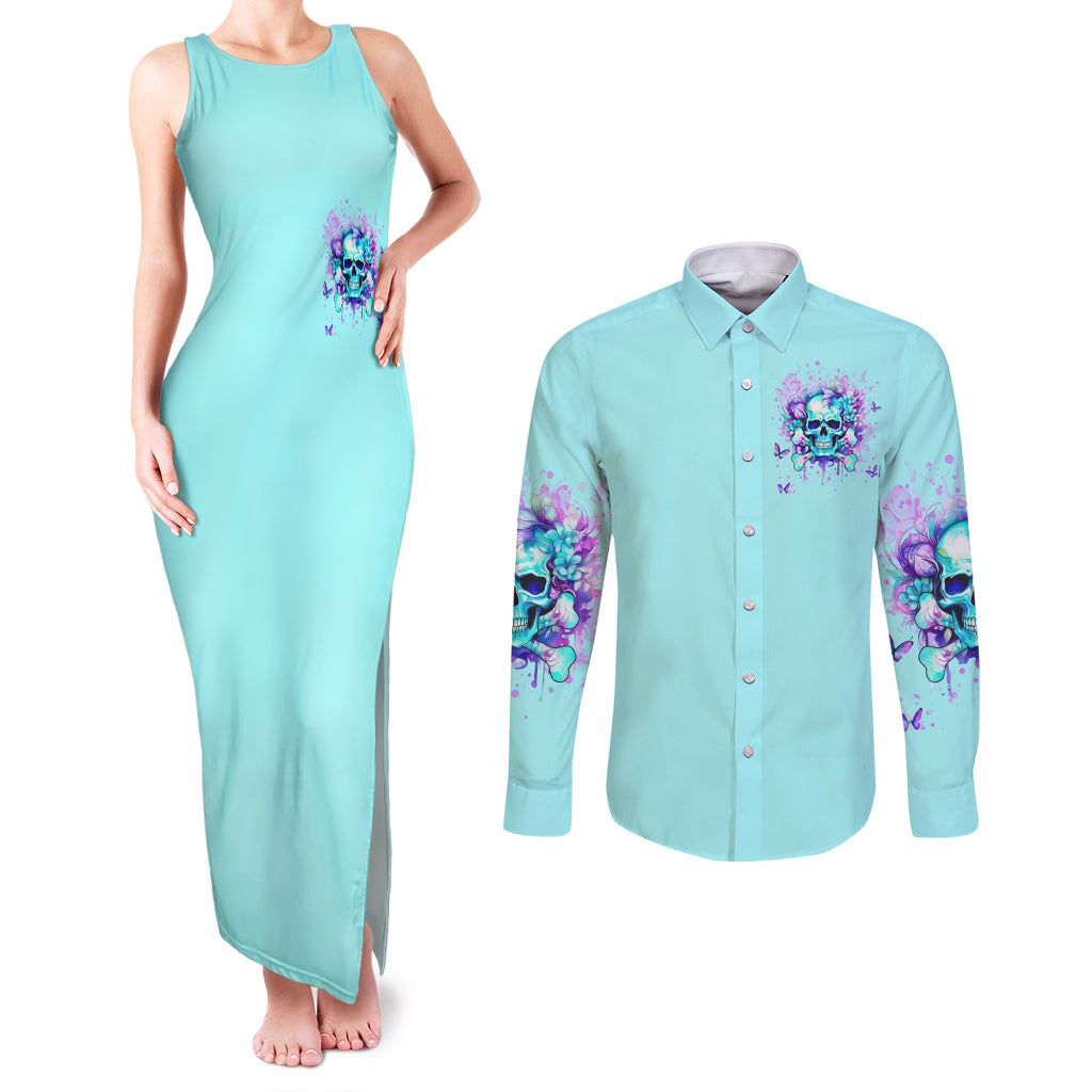 Flower Skull Couples Matching Tank Maxi Dress and Long Sleeve Button Shirt I'm A Bitch With A Low Bullshiit Tolrange Don't Try Me