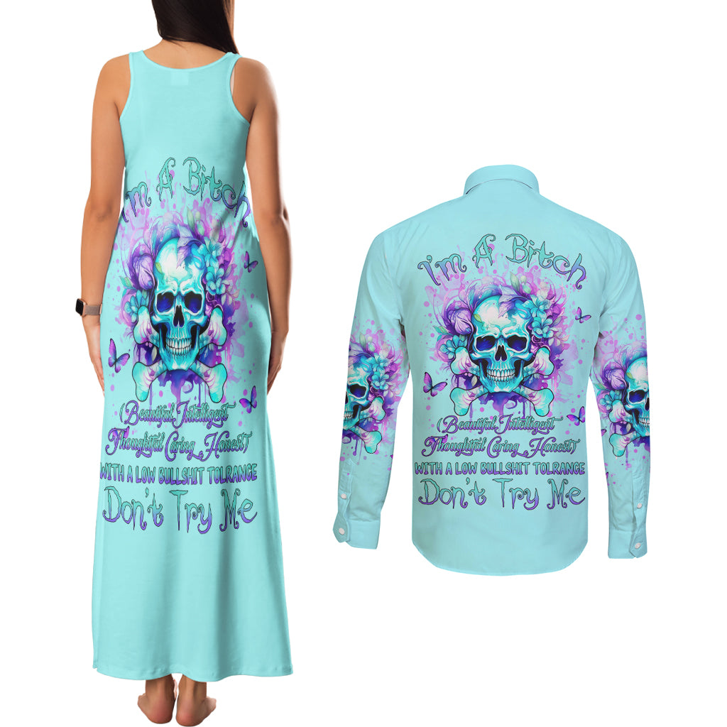 Flower Skull Couples Matching Tank Maxi Dress and Long Sleeve Button Shirt I'm A Bitch With A Low Bullshiit Tolrange Don't Try Me