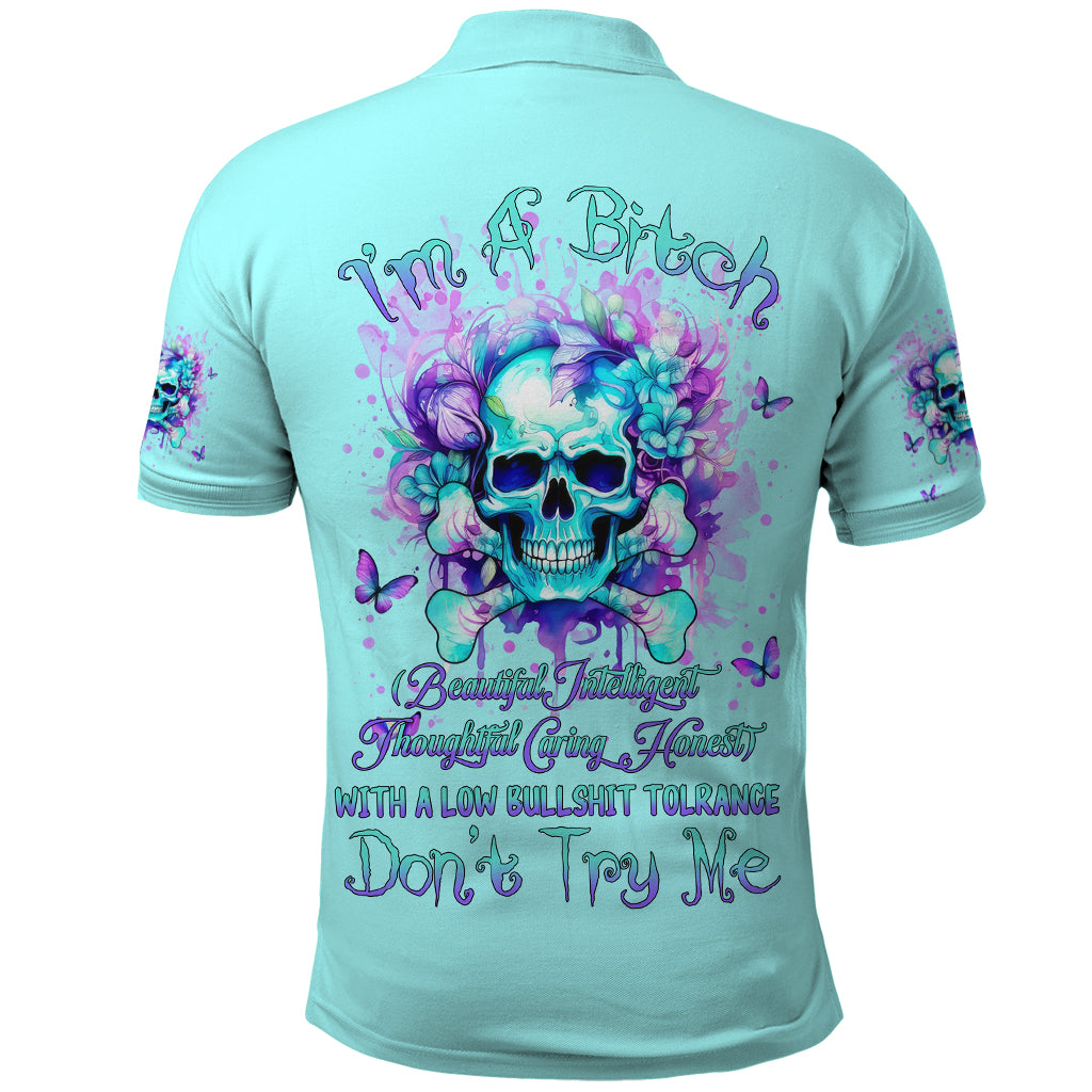 Flower Skull Polo Shirt I'm A Bitch With A Low Bullshiit Tolrange Don't Try Me