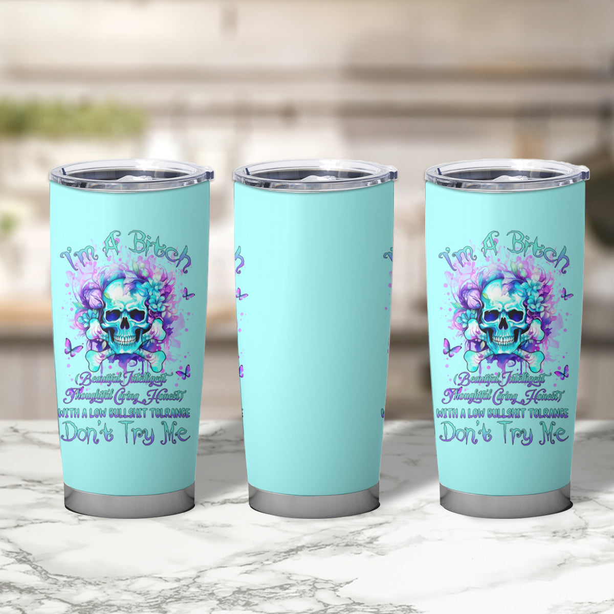 Flower Skull Tumbler Cup I'm A Bitch With A Low Bullshiit Tolrange Don't Try Me