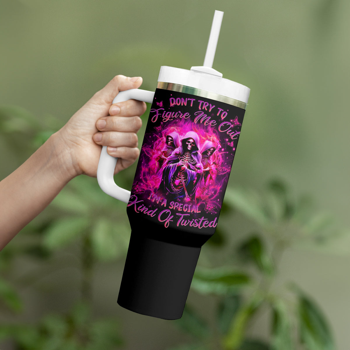 Witch Skull Tumbler With Handle Don't Try To Figure Me Out I'm A Special Kind Of Twisted