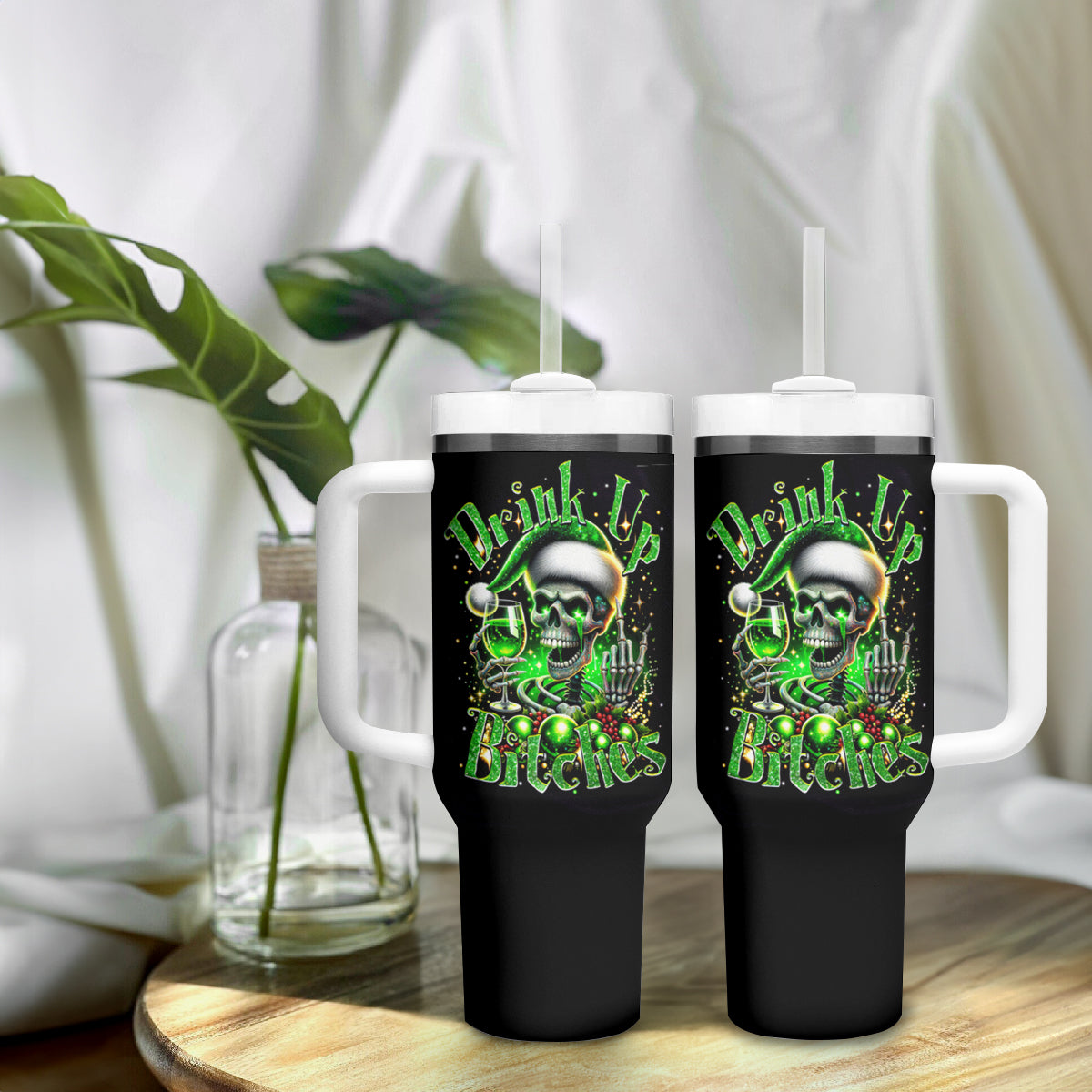 Christmas Skull Tumbler With Handle Drink Up Bitches