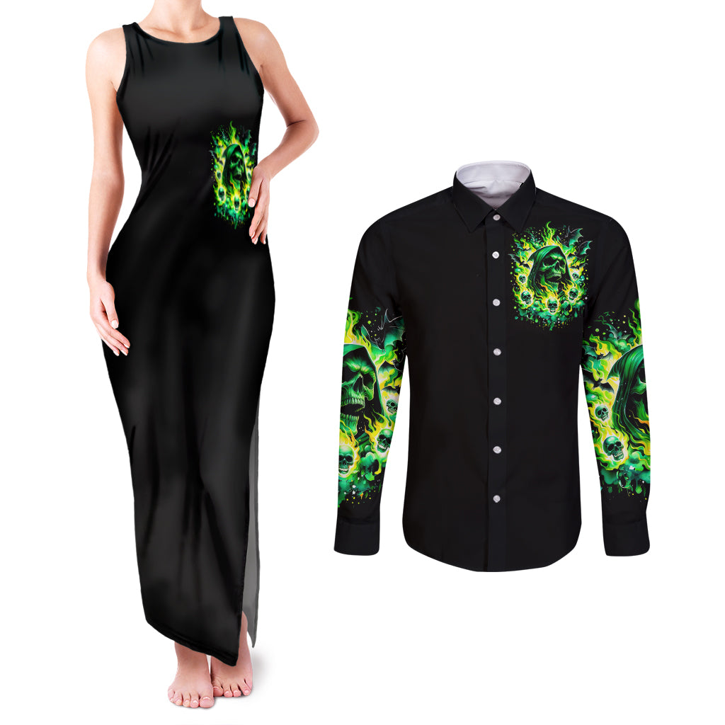 Flame Skull Couples Matching Tank Maxi Dress and Long Sleeve Button Shirt Heaven Don't Want Me Hell Afraid I Take Over DT01