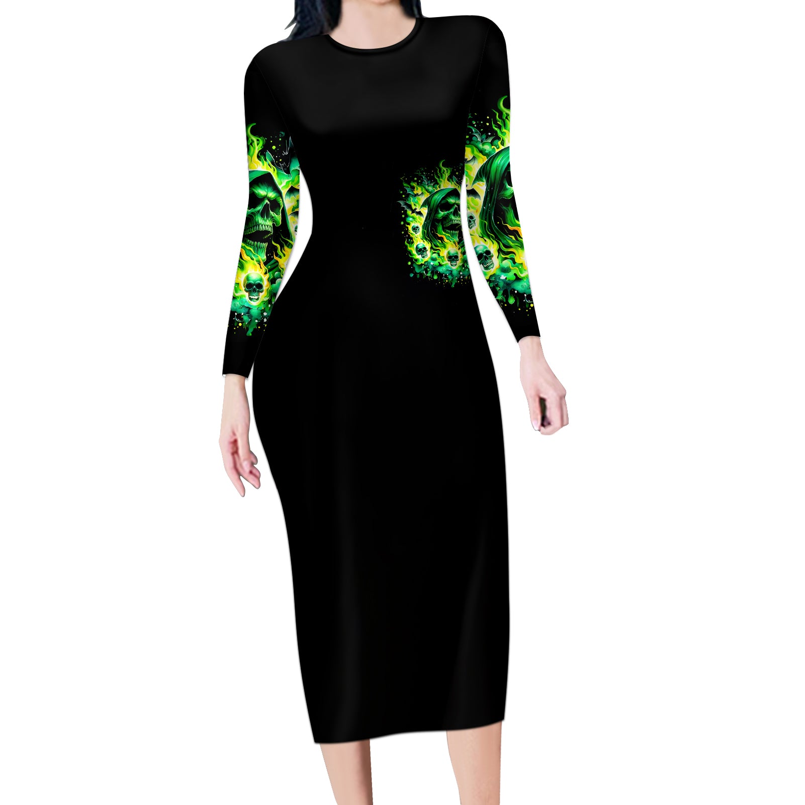 Flame Skull Long Sleeve Bodycon Dress Heaven Don't Want Me Hell Afraid I Take Over DT01
