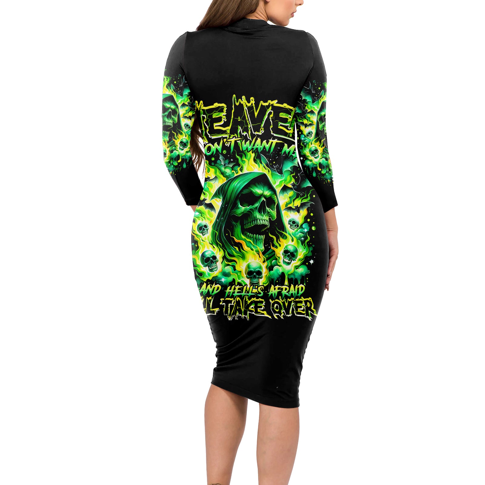 Flame Skull Long Sleeve Bodycon Dress Heaven Don't Want Me Hell Afraid I Take Over DT01
