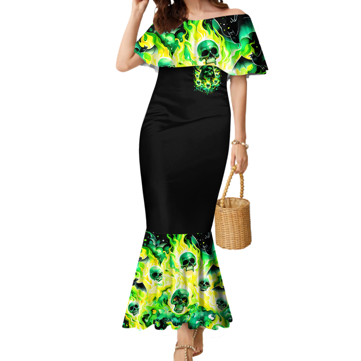 Flame Skull Mermaid Dress Heaven Don't Want Me Hell Afraid I Take Over DT01