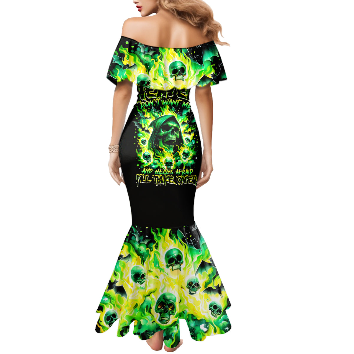 Flame Skull Mermaid Dress Heaven Don't Want Me Hell Afraid I Take Over DT01