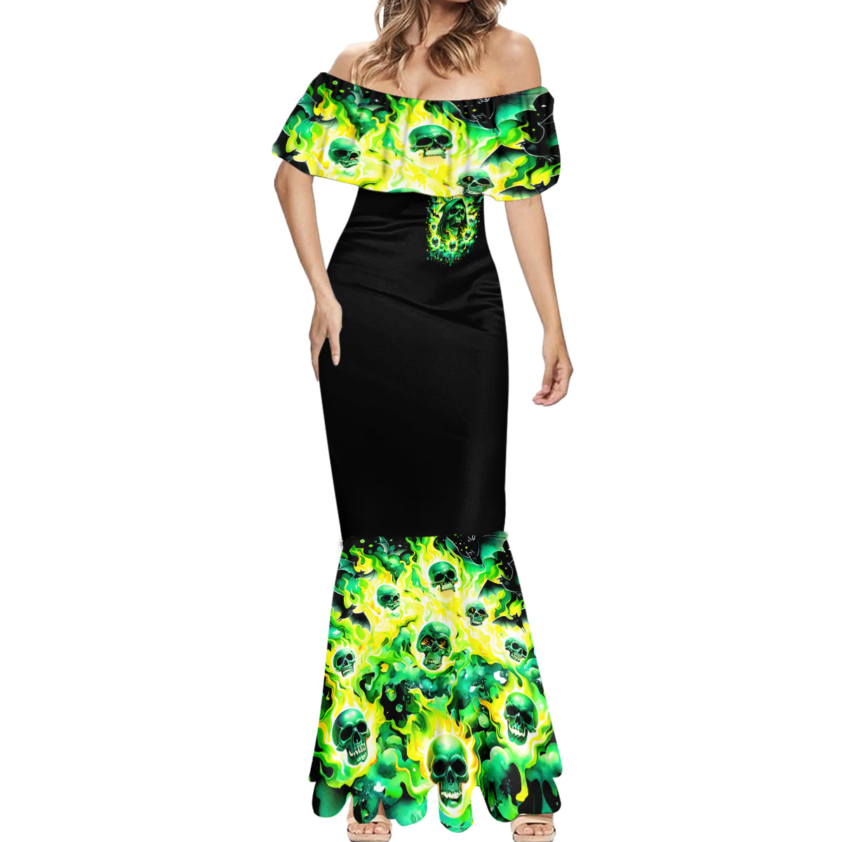 Flame Skull Mermaid Dress Heaven Don't Want Me Hell Afraid I Take Over DT01