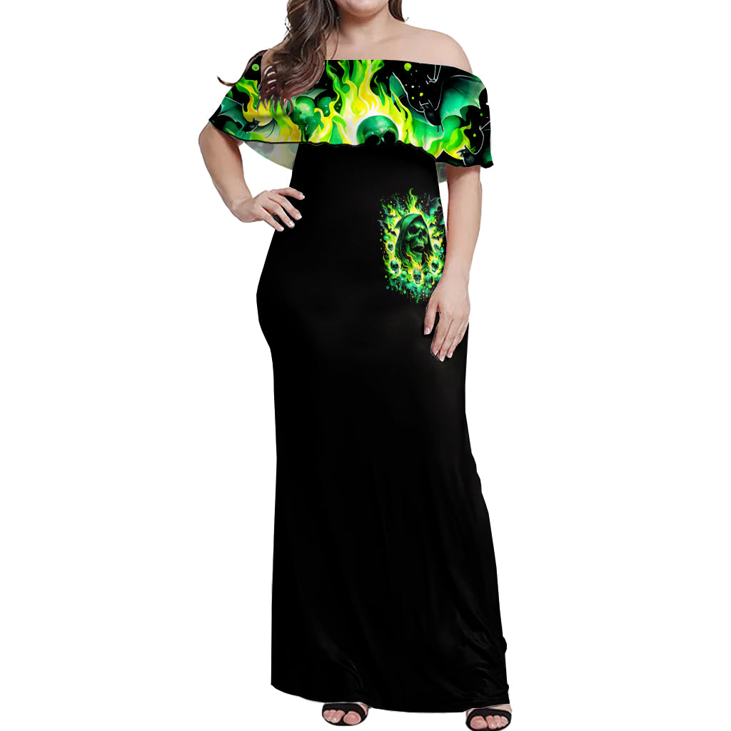 Flame Skull Off Shoulder Maxi Dress Heaven Don't Want Me Hell Afraid I Take Over DT01