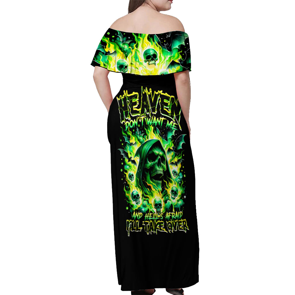 Flame Skull Off Shoulder Maxi Dress Heaven Don't Want Me Hell Afraid I Take Over DT01