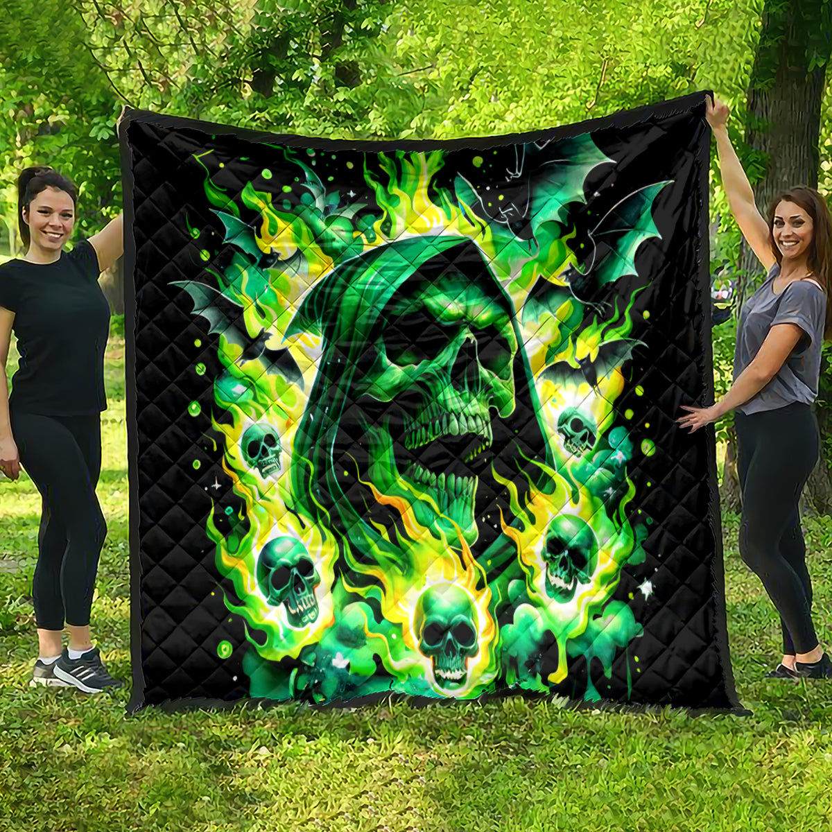 Flame Skull Quilt Bed Set Heaven Don't Want Me Hell Afraid I Take Over DT01