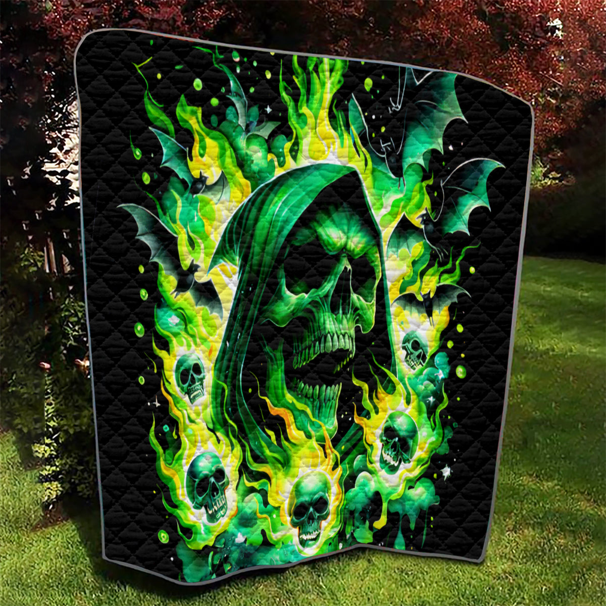 Flame Skull Quilt Bed Set Heaven Don't Want Me Hell Afraid I Take Over DT01