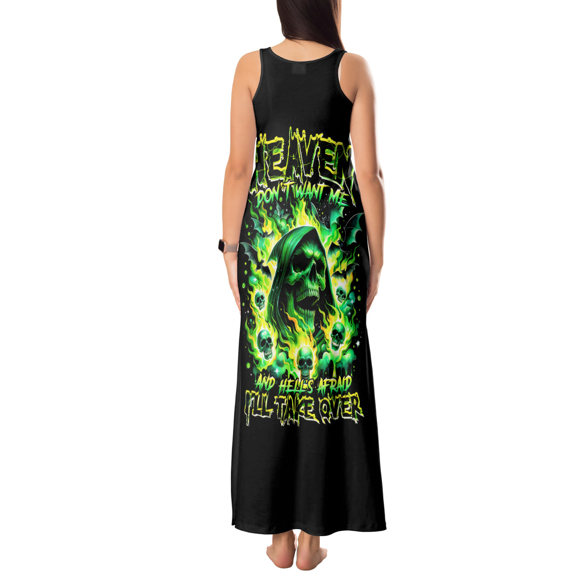 Flame Skull Tank Maxi Dress Heaven Don't Want Me Hell Afraid I Take Over DT01