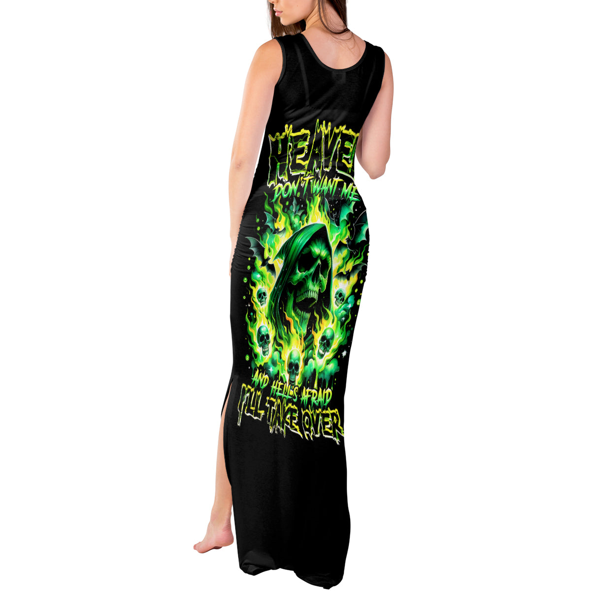 Flame Skull Tank Maxi Dress Heaven Don't Want Me Hell Afraid I Take Over DT01