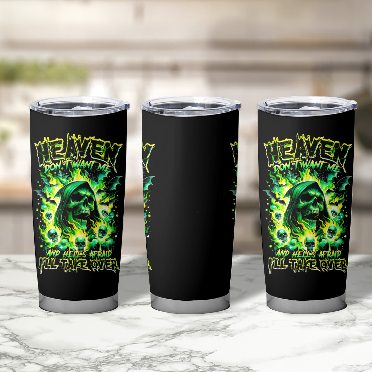 Flame Skull Tumbler Cup Heaven Don't Want Me Hell Afraid I Take Over