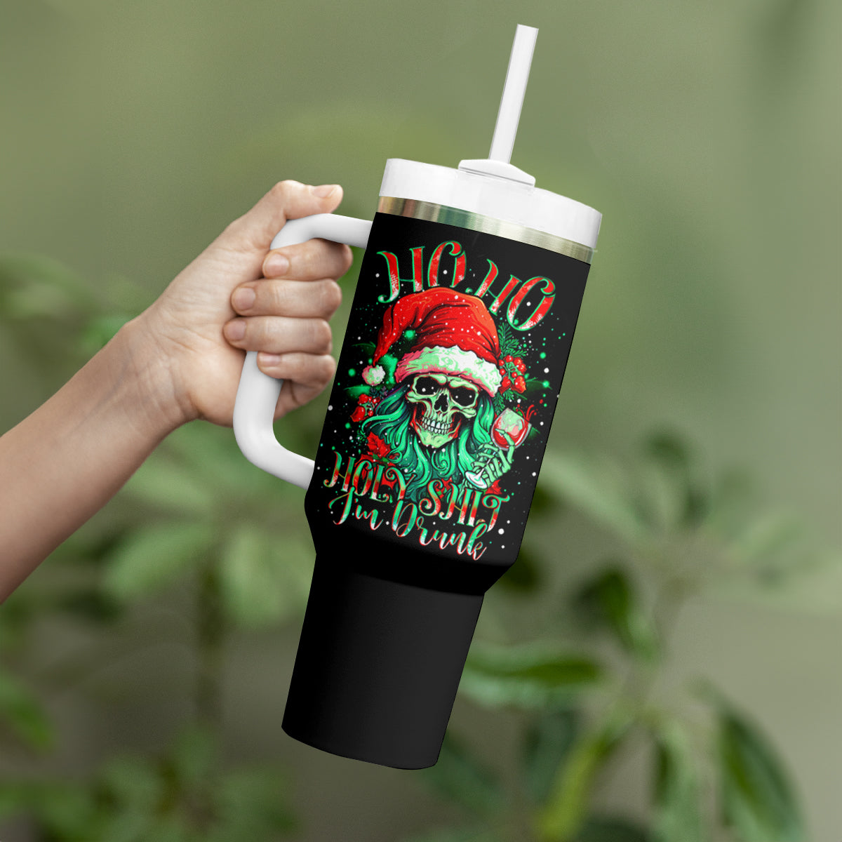 Christmas Skull Tumbler With Handle Ho Ho Holy Shit I'm Drink