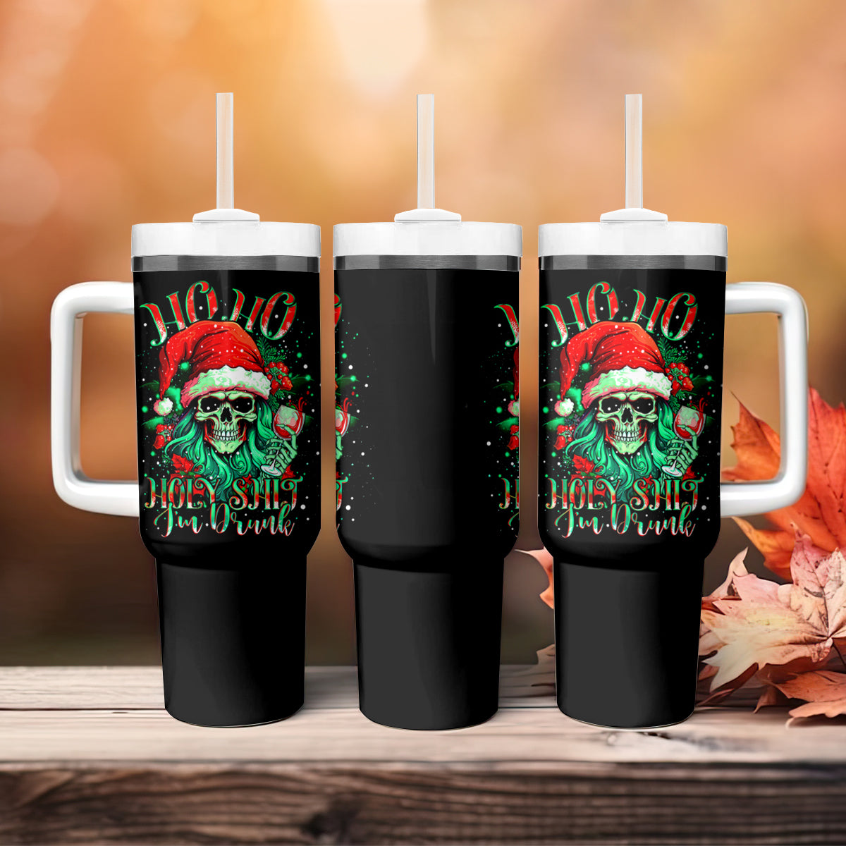 Christmas Skull Tumbler With Handle Ho Ho Holy Shit I'm Drink