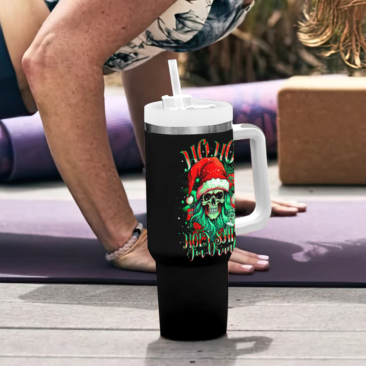 Christmas Skull Tumbler With Handle Ho Ho Holy Shit I'm Drink