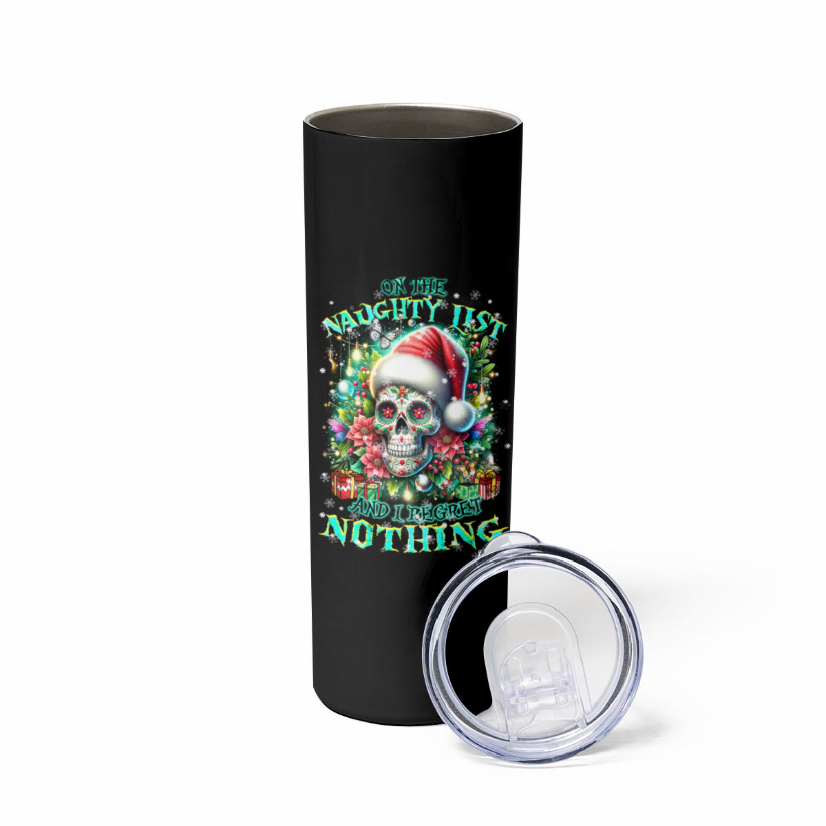 Christmas Skull Skinny Tumbler On The Naughty List I Regret Nothing