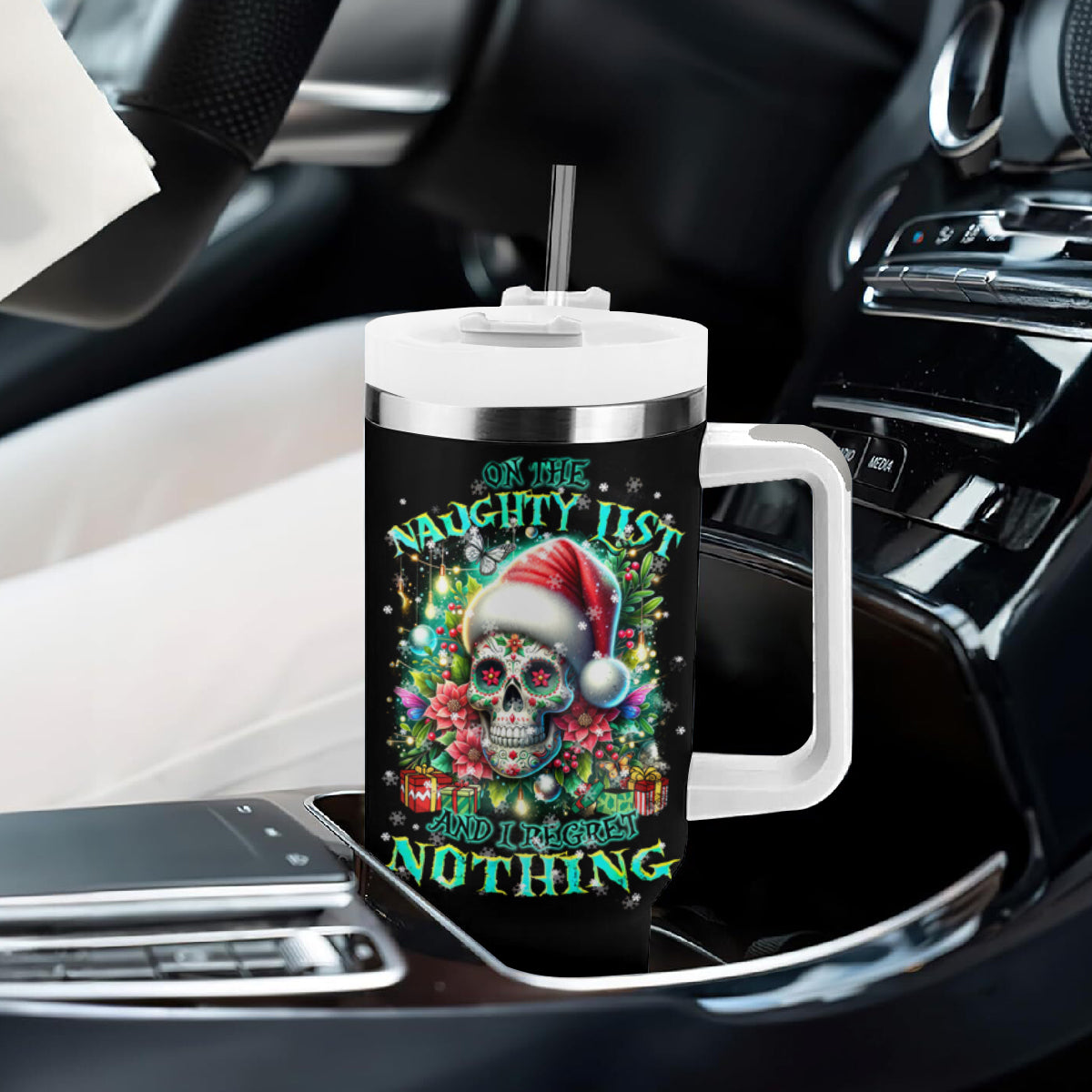 Christmas Skull Tumbler With Handle On The Naughty List I Regret Nothing