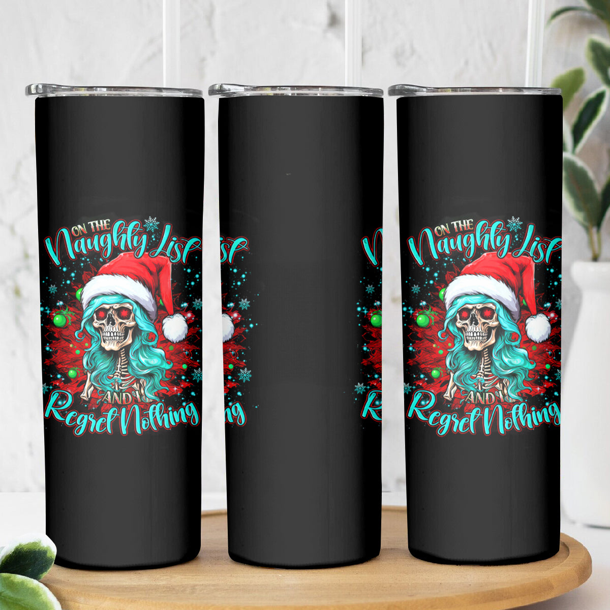 Christmas Skull Lady Skinny Tumbler On The Naughty List I Regret Nothing