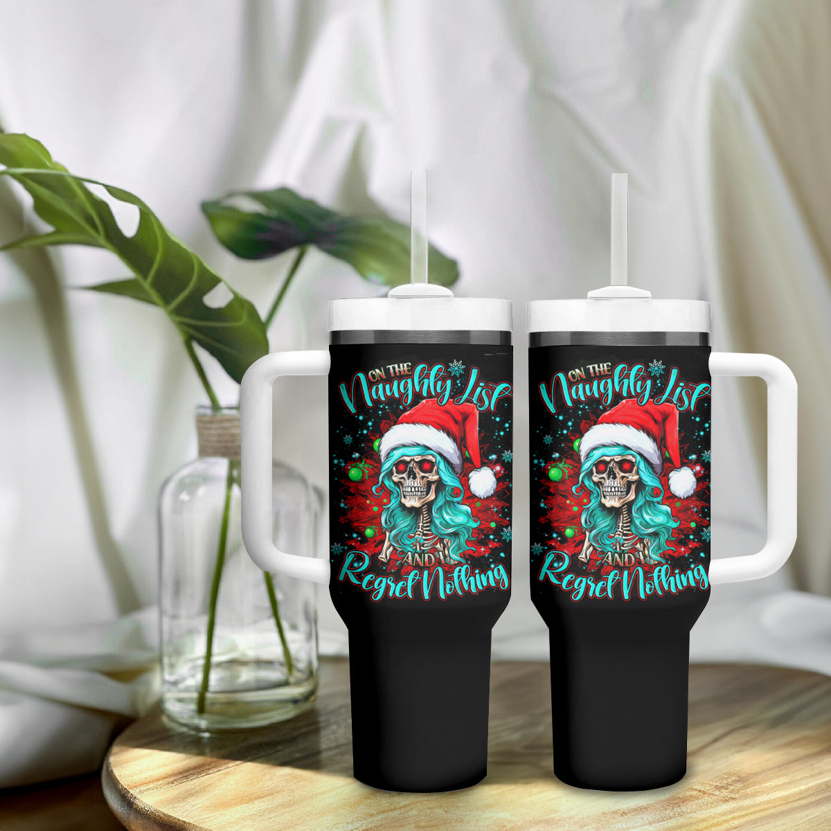 Christmas Skull Lady Tumbler With Handle On The Naughty List I Regret Nothing