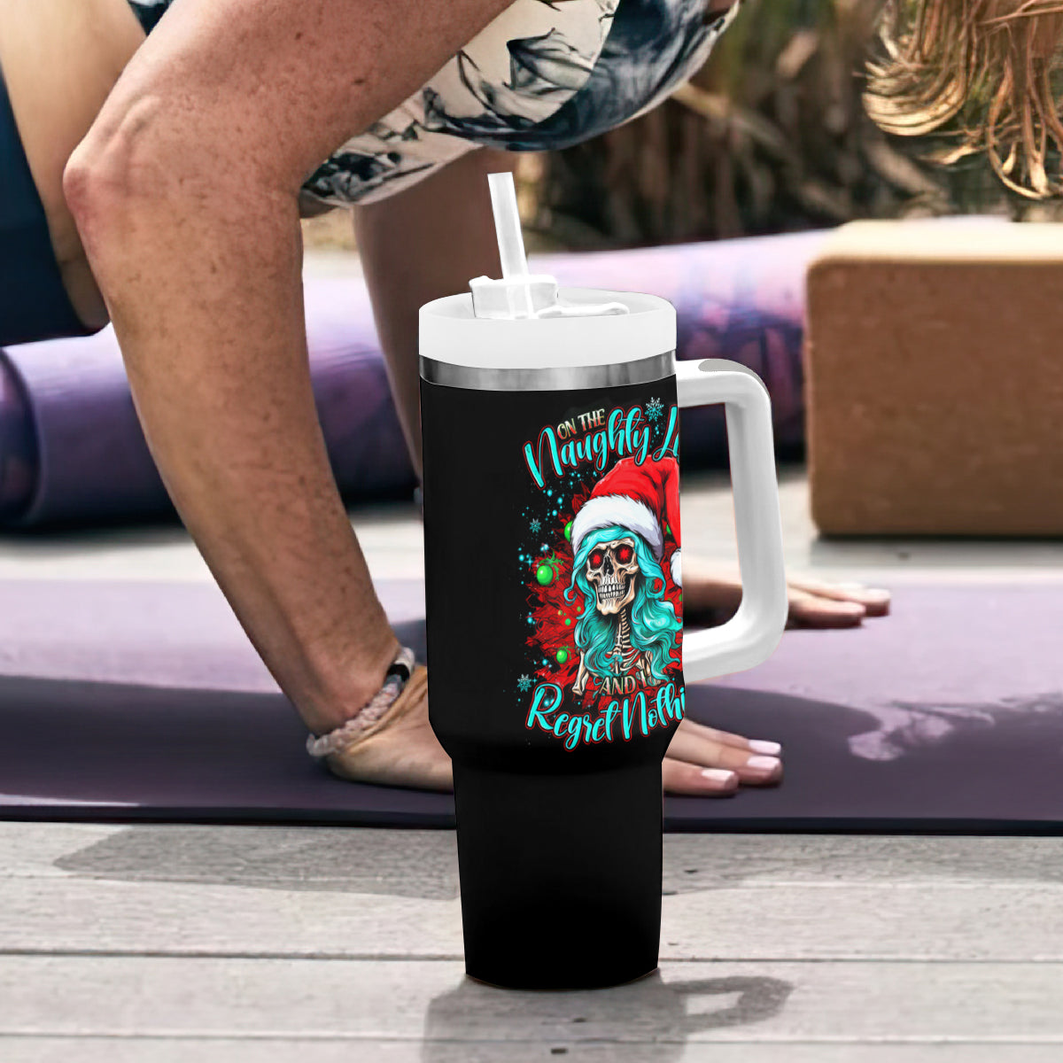 Christmas Skull Lady Tumbler With Handle On The Naughty List I Regret Nothing