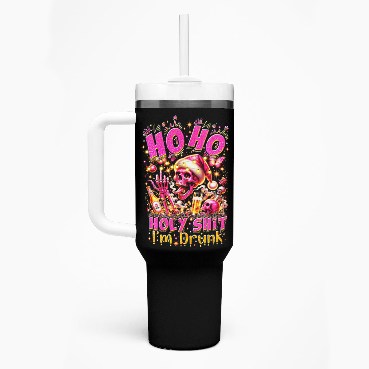 Christmas Skull Tumbler With Handle Ho Ho Holy Shit I'm Drink