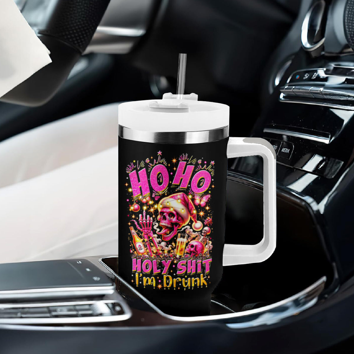 Christmas Skull Tumbler With Handle Ho Ho Holy Shit I'm Drink
