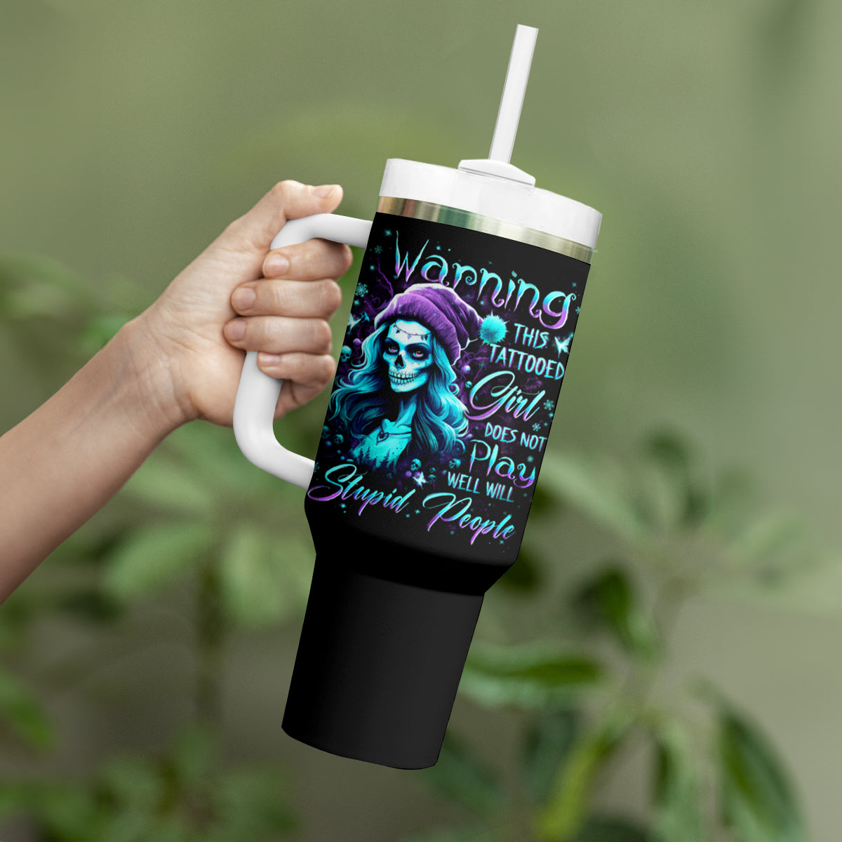 Christmas Skull Girl Tumbler With Handle Warning This Tattooed Girl Does Not Play With Stupid People