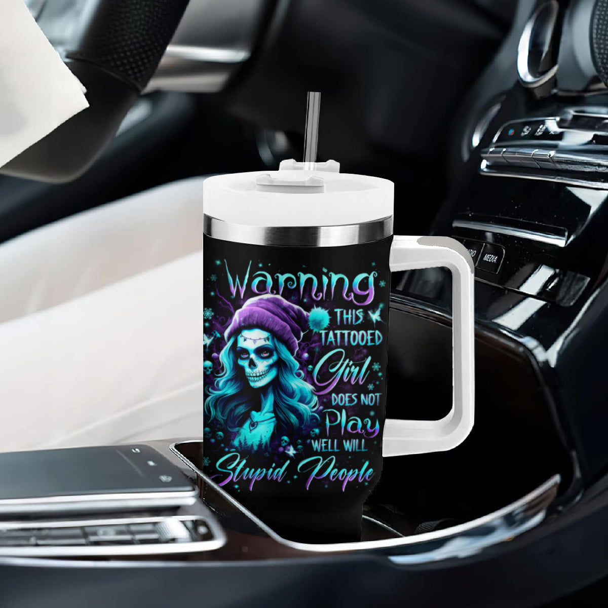 Christmas Skull Girl Tumbler With Handle Warning This Tattooed Girl Does Not Play With Stupid People