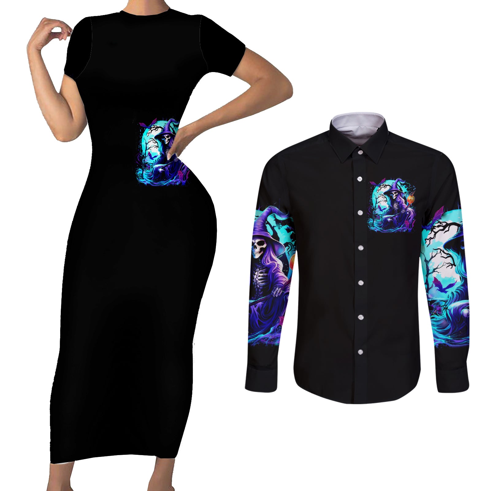 witch-skull-couples-matching-short-sleeve-bodycon-dress-and-long-sleeve-button-shirts-you-couldnt-handle-me-even-with-intrustions
