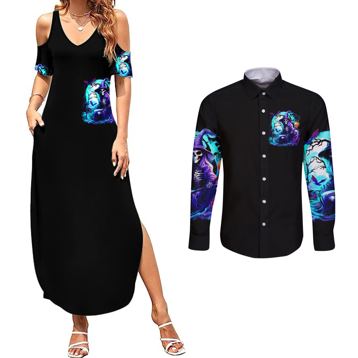 witch-skull-couples-matching-summer-maxi-dress-and-long-sleeve-button-shirts-you-couldnt-handle-me-even-with-intrustions