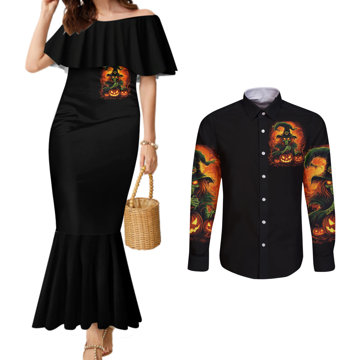 witch-skull-couples-matching-mermaid-dress-and-long-sleeve-button-shirts-zero-fucking-given