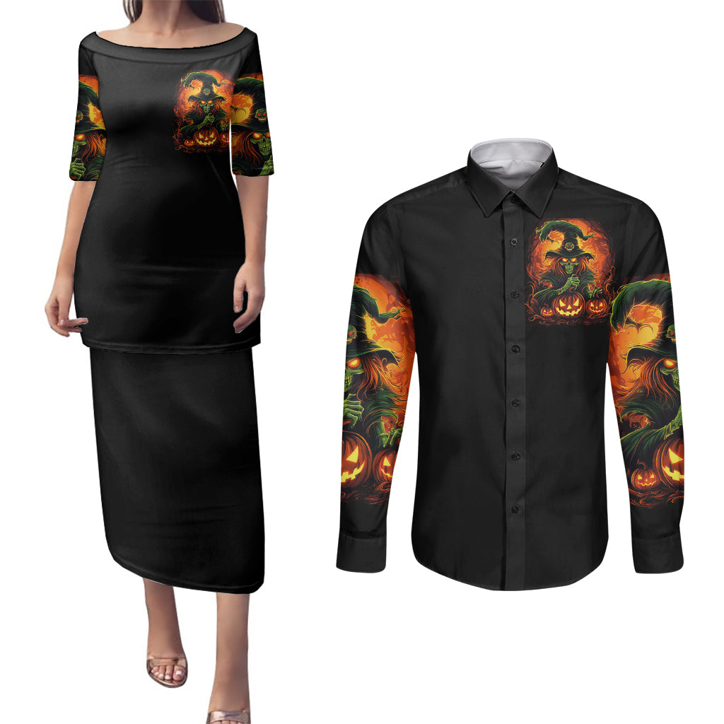 witch-skull-couples-matching-puletasi-dress-and-long-sleeve-button-shirts-zero-fucking-given