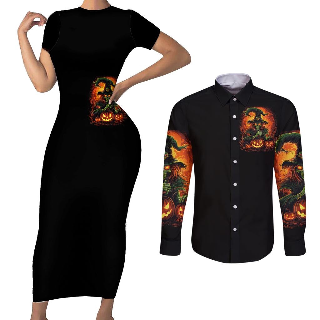 witch-skull-couples-matching-short-sleeve-bodycon-dress-and-long-sleeve-button-shirts-zero-fucking-given