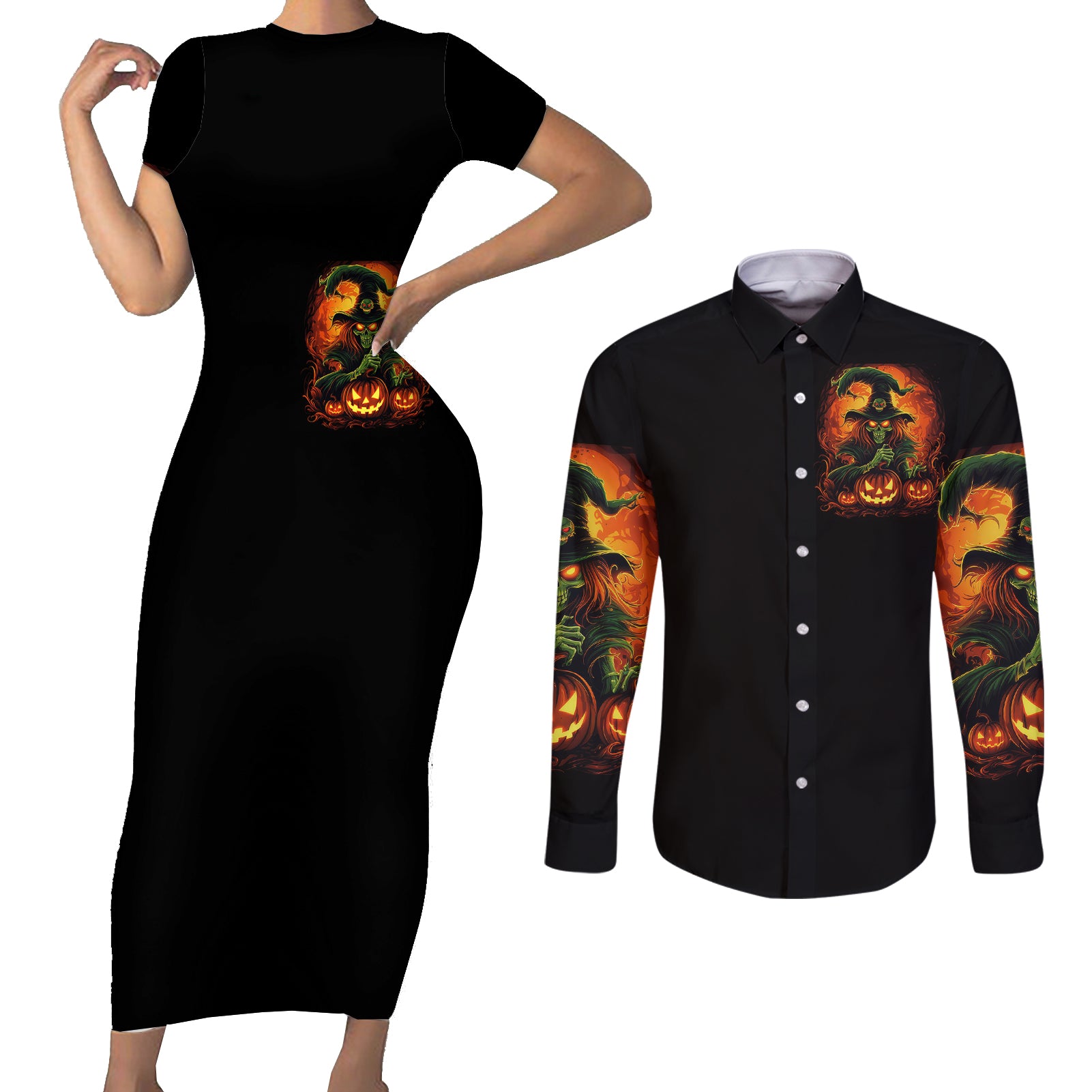 witch-skull-couples-matching-short-sleeve-bodycon-dress-and-long-sleeve-button-shirts-zero-fucking-given
