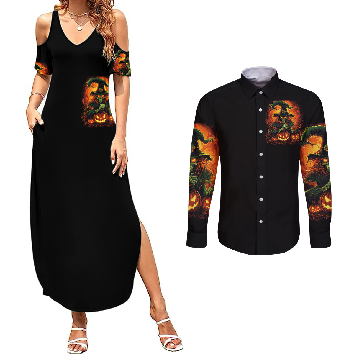witch-skull-couples-matching-summer-maxi-dress-and-long-sleeve-button-shirts-zero-fucking-given