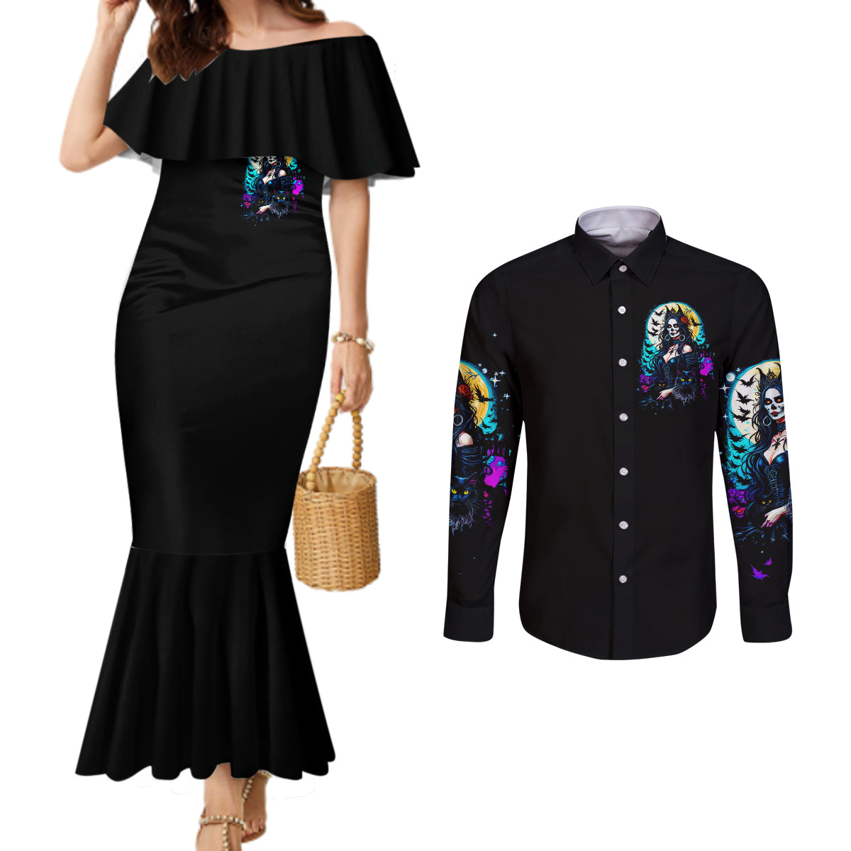 witch-skull-couples-matching-mermaid-dress-and-long-sleeve-button-shirts-bitch-im-not-a-princess-im-the-fucking-queen
