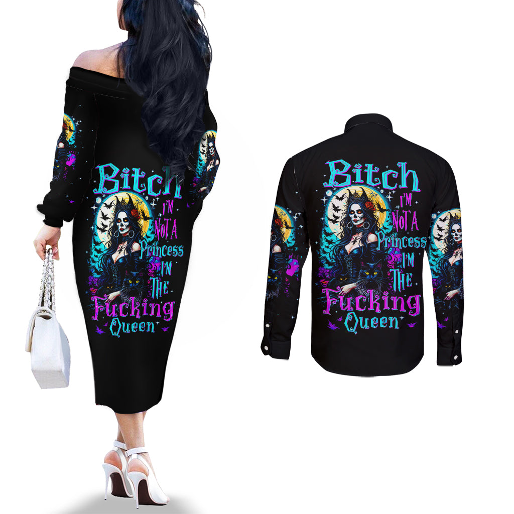 witch-skull-couples-matching-off-the-shoulder-long-sleeve-dress-and-long-sleeve-button-shirts-bitch-im-not-a-princess-im-the-fucking-queen